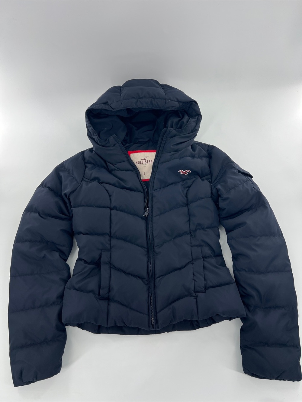 Vintage Y2K Down Puffer Hollister Dark Navy Quilted Hooded Zip Up Jacket S